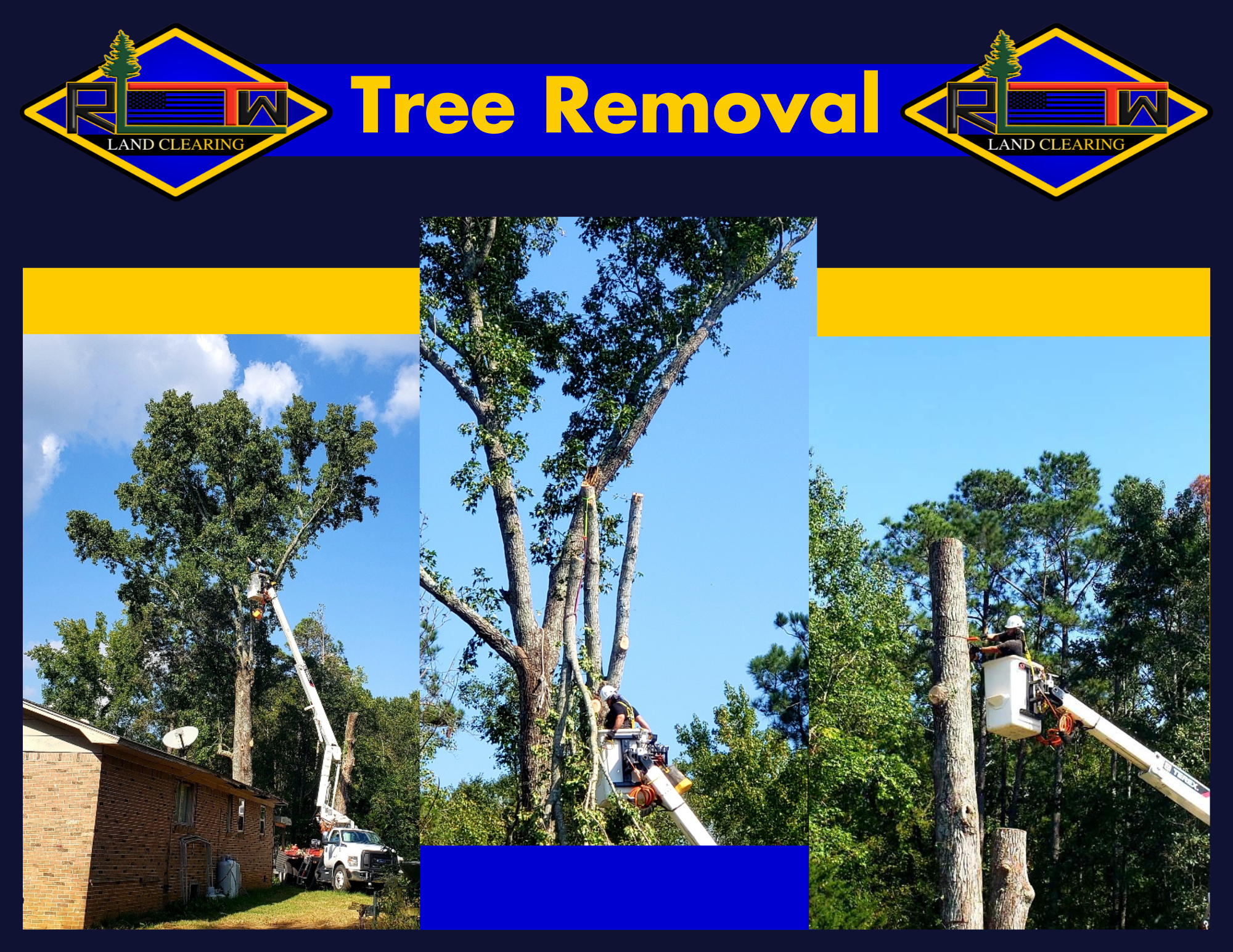 Tree Removal. On the left there is a bucket truck lifted to the top of a tree near a house, the middle picture is showing the top part of the tree cut down, and the picture on the right is the tree cut down even more with a closer picture of the person in the bucket cutting the rest of the tree.