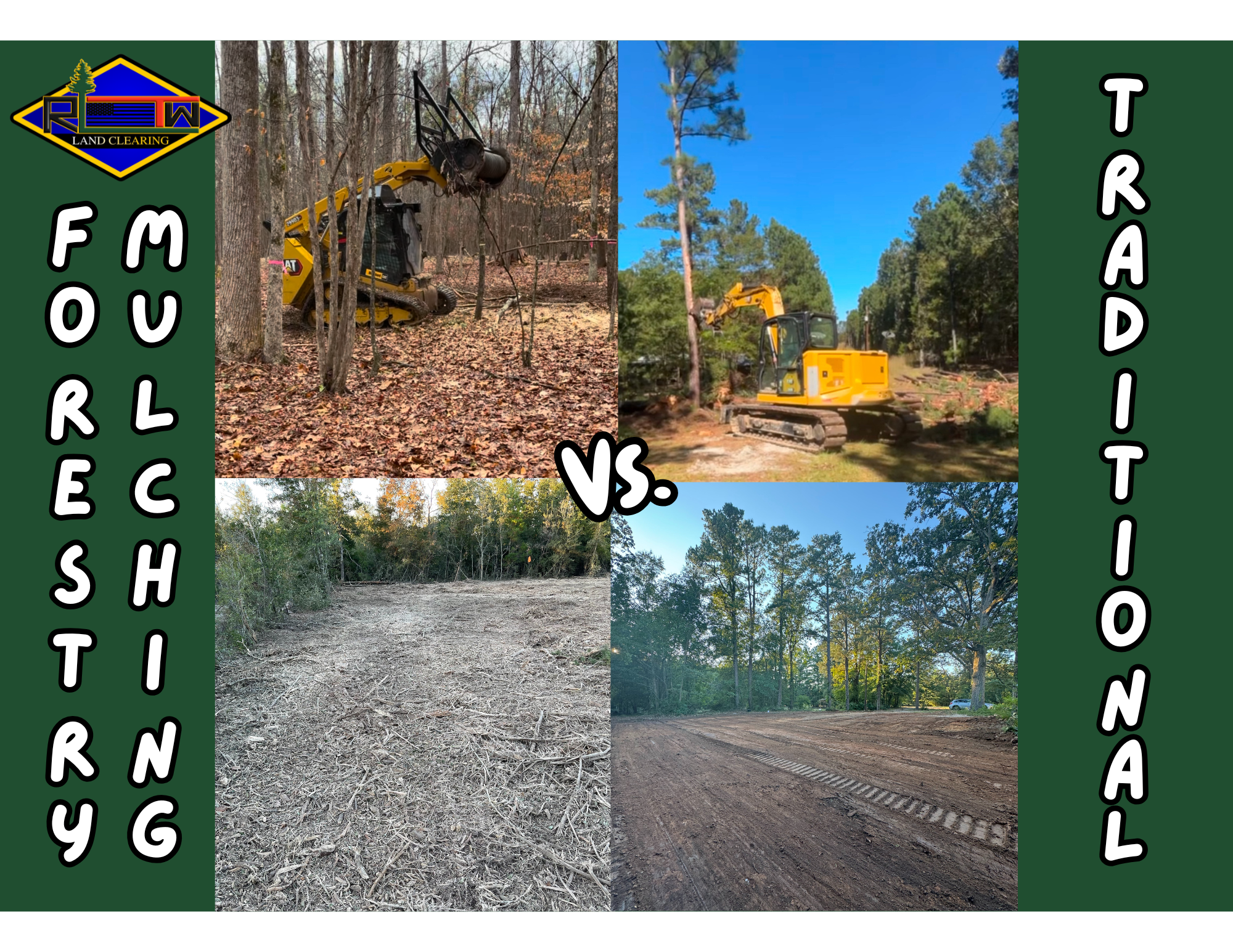 Pictures comparing Forestry Mulching vs. Traditional Land Clearing. On the Left there is a forestry mulching machine on top and on the bottom there is nutrient-rich mulch, which is what forestry mulching leaves behind. On the Right there is an excavator on the top and on the bottom there is cleared smooth dirt.