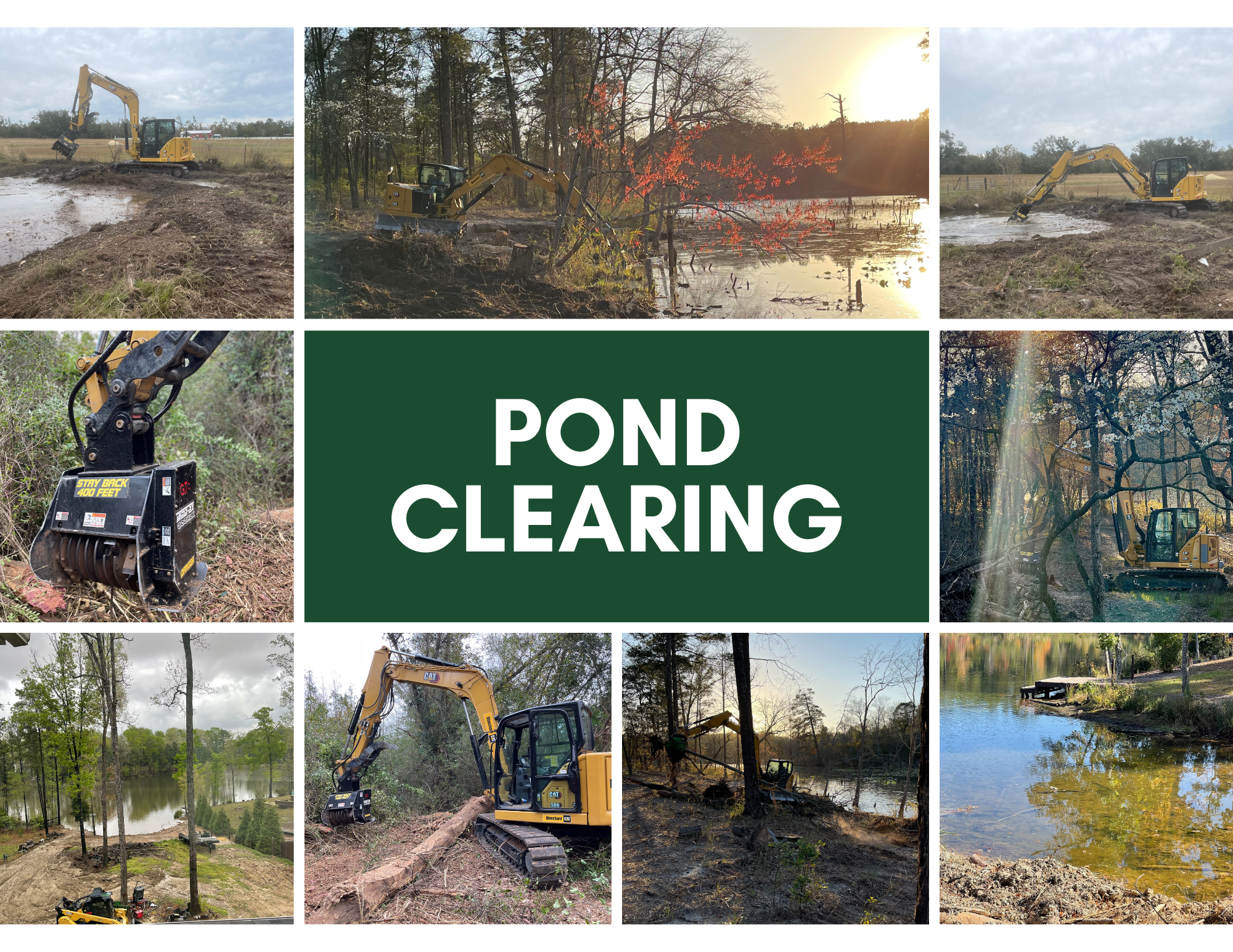 Pond clearing with multiple pictures surrounding the words of ponds being cleared by RLTW Land Clearing and of our boom mounted mulching head.