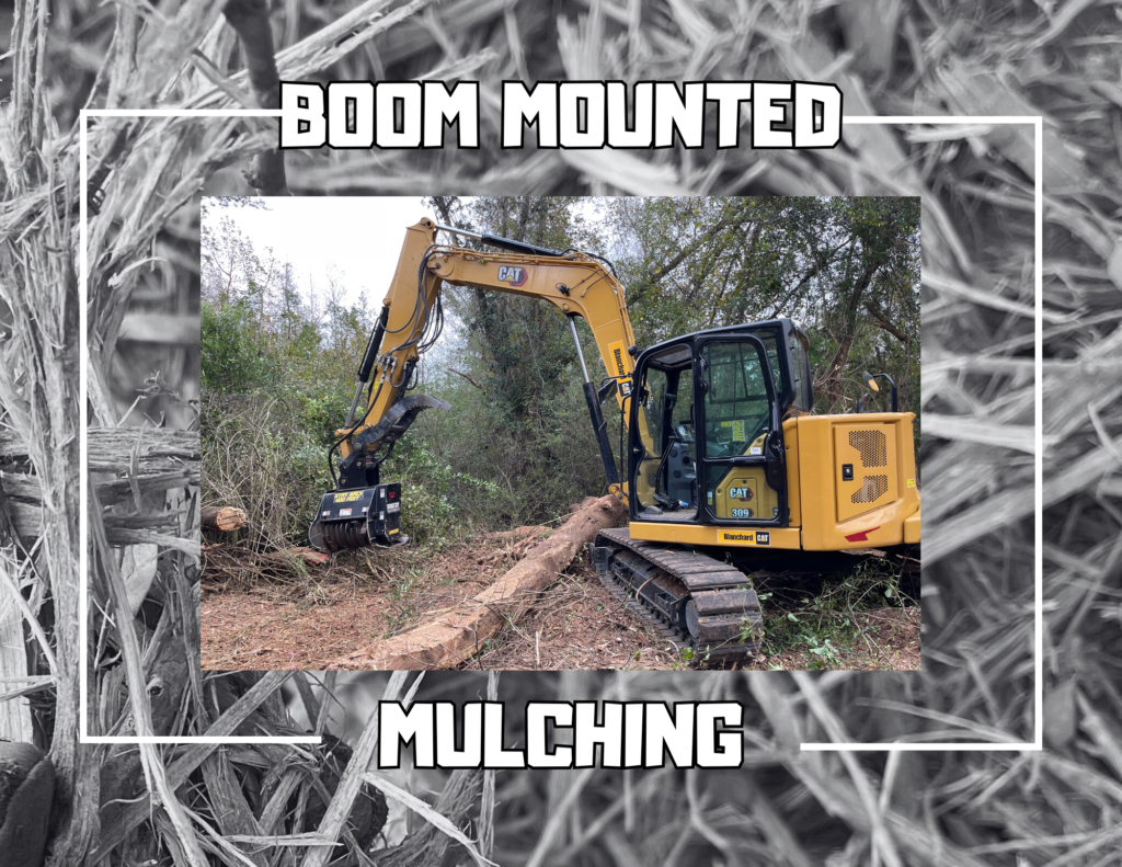 Background is wood mulch pieces then an excavator with a boom mounted mulching head on it. This helps improve pond health.